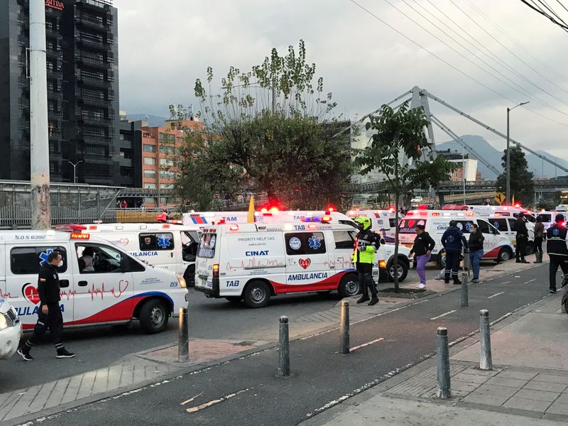 &copy; Reuters. FILE PHOTO: Health workers protest with an ambulance caravan demanding payment of their wages, in Bogota