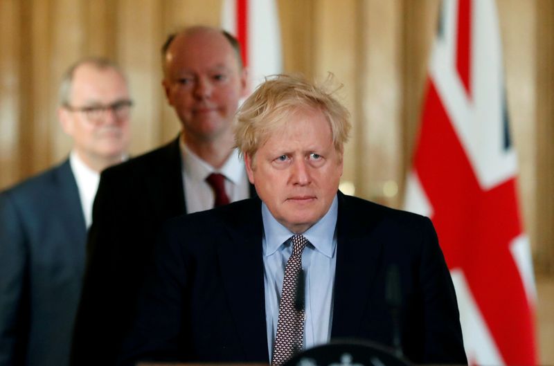 &copy; Reuters. FILE PHOTO: Britain&apos;s Prime Minister Boris Johnson attends a news conference on the novel coronavirus, in London