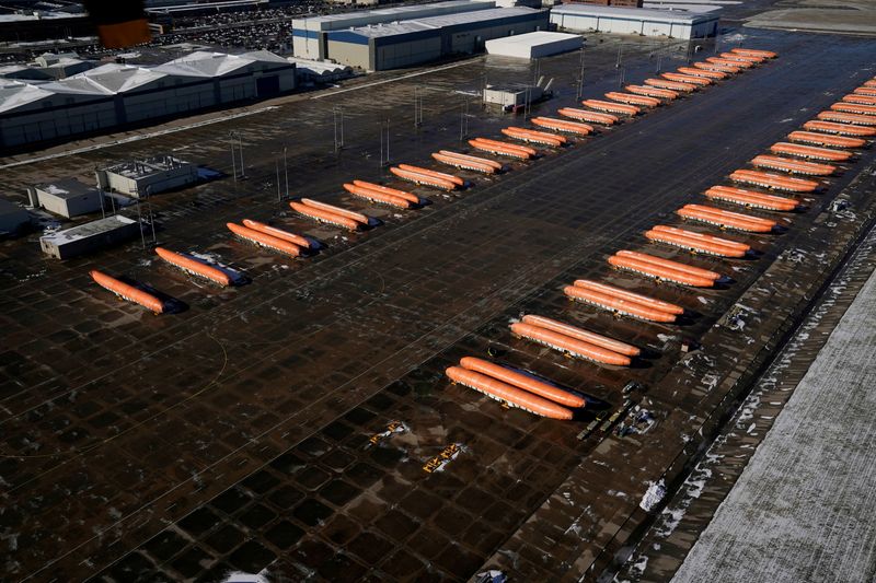 &copy; Reuters. FILE PHOTO: Airplane fuselages bound for Boeing&apos;s 737 Max production facility sit in storage at their top supplier, Spirit AeroSystems Holdings Inc, in Wichita