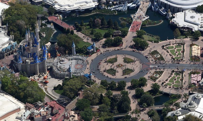 &copy; Reuters. FOTO DE ARCHIVO. Una multitud camina por Main Street hacia Cinderella Castle y Tomorrowland, en Disney&apos;s Magic Kingdom, en el último día antes de cerrar por el brote de coronavirus (COVID-19), en una vista aérea en Orlando, Florida, EEUU.