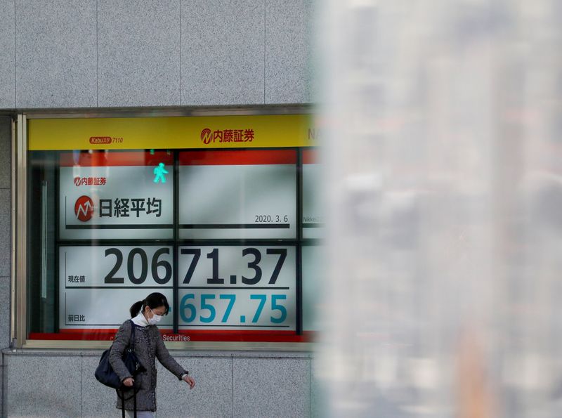 &copy; Reuters. Una donna indossa una mascherina per proteggersi dalla diffusione del Covid 19 nei pressi della Borsa di Tokyo, 6 marzo 2020