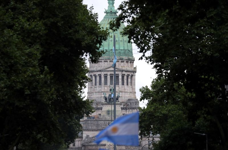 © Reuters. Bandeira da Argentina hasteada em frente ao Congresso Nacional
