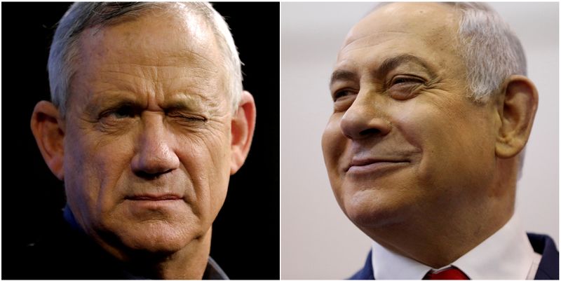 &copy; Reuters. Bernny Gantz (E) e Benjamin Netanyahu (D)