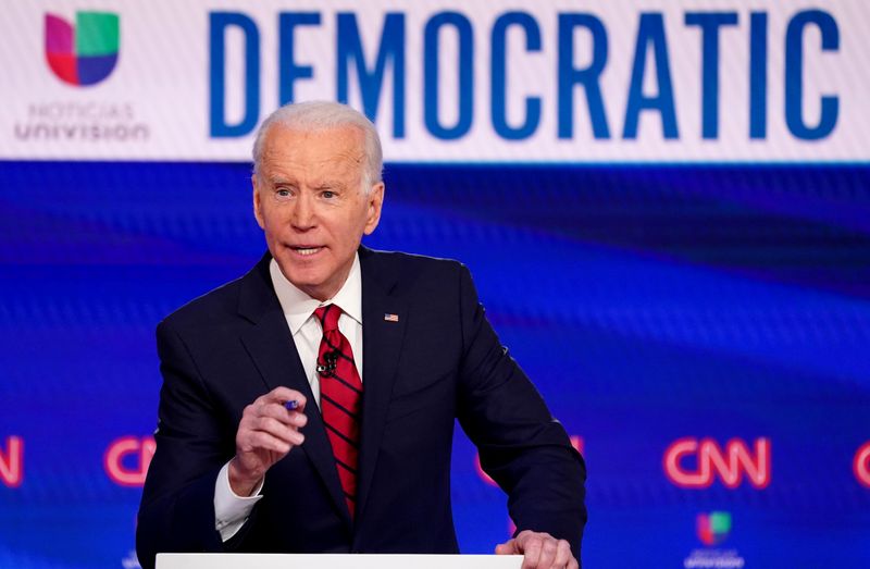 &copy; Reuters. FILE PHOTO: Democratic U.S. presidential candidate and former Vice President Joe Biden speaks at the 11th Democratic candidates debate of the 2020 U.S. presidential campaign in Washington