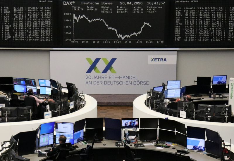 © Reuters. FILE PHOTO:  The German share price index DAX graph is pictured at the stock exchange in Frankfurt