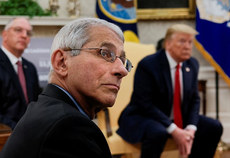 &copy; Reuters. Dr. Anthony Fauci attends Trump-Bel Edwards coronavirus response meeting at the White House in Washington
