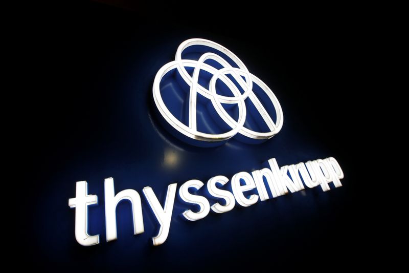 &copy; Reuters. Thyssenkrupp&apos;s logo is seen outside elevator test tower in Rottweil