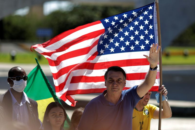 &copy; Reuters. Brazil&apos;s President Jair Bolsonaro greets supporters during a protest, in Brasilia