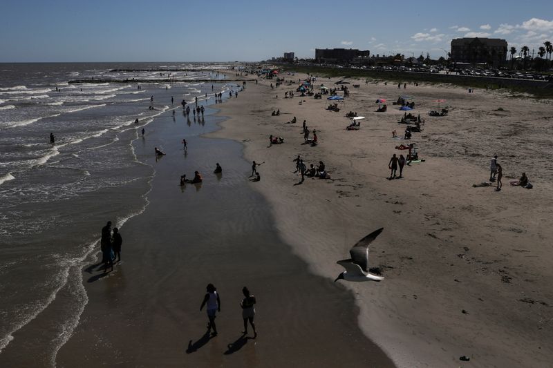 © Reuters. Seagull flies over beach goers after partial-reopening of economy during coronavirus disease pandemic in Galveston