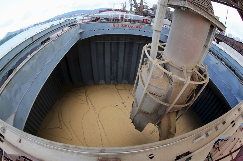 © Reuters. Navio carregado com soja para exportação no Porto de Santos (SP)