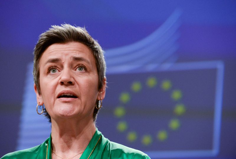 &copy; Reuters. FILE PHOTO:  Executive Vice-President Margrethe Vestager presents the EU executive&apos;s economic response to the coronavirus epidemic, in Brussels