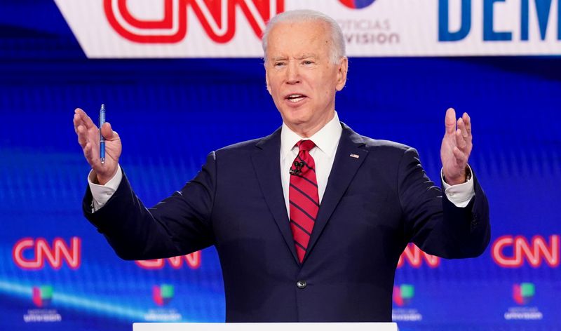&copy; Reuters. FILE PHOTO: Democratic U.S. presidential candidate and former Vice President Joe Biden speaks at the 11th Democratic candidates debate of the 2020 U.S. presidential campaign in Washington