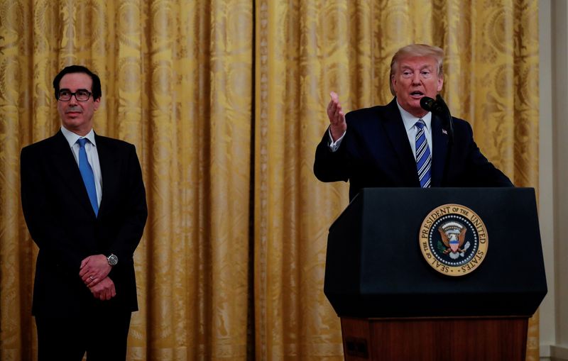 © Reuters. FILE PHOTO: U.S. President Trump speaks about small business loans during coronavirus response event at the White House in Washington