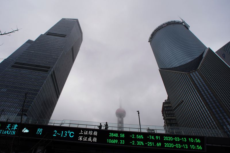 &copy; Reuters. FILE PHOTO:  People are seen on a pedestrian overpass with an electronic board showing the Shanghai and Shenzhen stock indexes in Shanghai