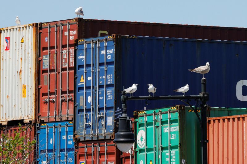 © Reuters. Sea gulls sit on a lamppost beside shipping containers stacked at the Paul W. Conley Container Terminal in Boston