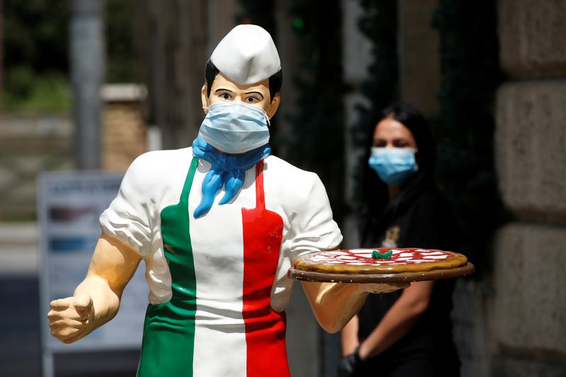 &copy; Reuters. Estátua com máscara de proteção em frente a restaurante em Roma