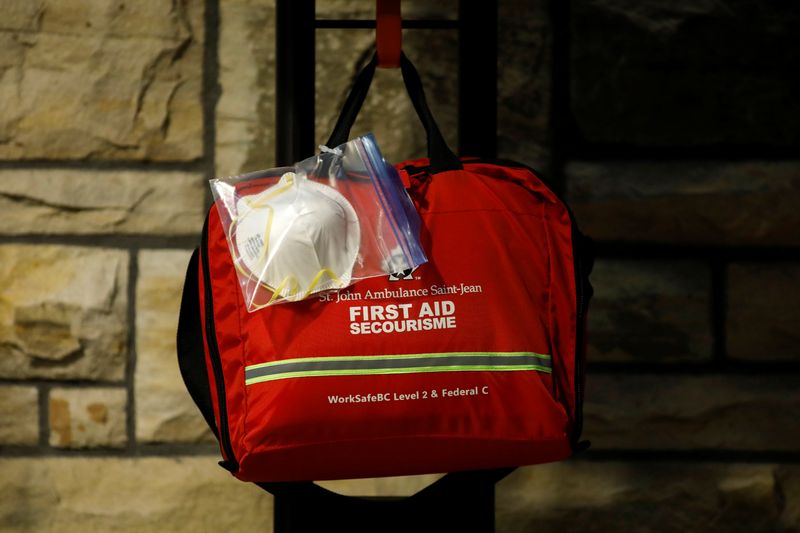 &copy; Reuters. A N95 face mask attached to a first aid kit is seen near the House of Commons on Parliament Hill in Ottawa