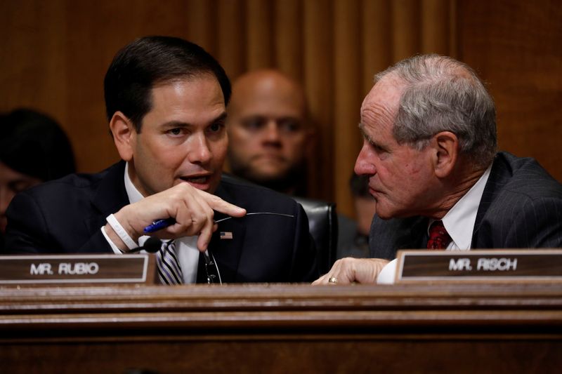 © Reuters. Sen. Rubio speaks with Sen. Risch as U.S. Secretary of State Tillerson testifies before the Senate Foreign Relations Committee on Capitol Hill in Washington