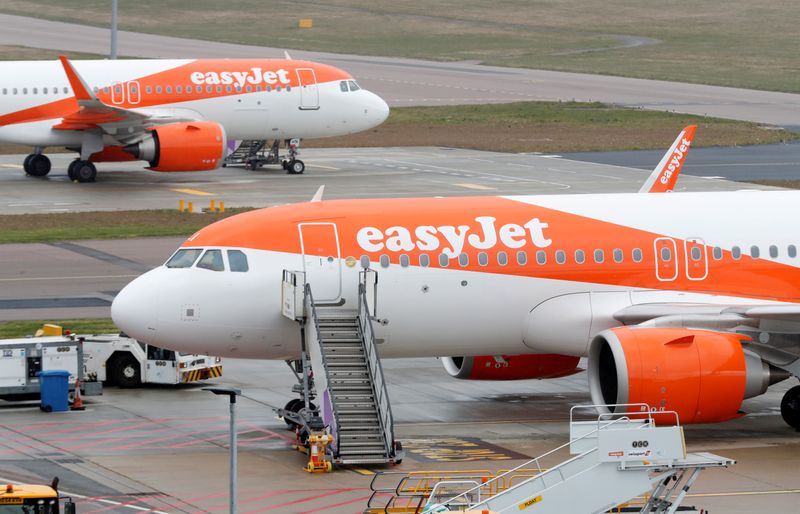 &copy; Reuters. FILE PHOTO: EasyJet planes parked at Luton airport after the airline grounded its entire fleet