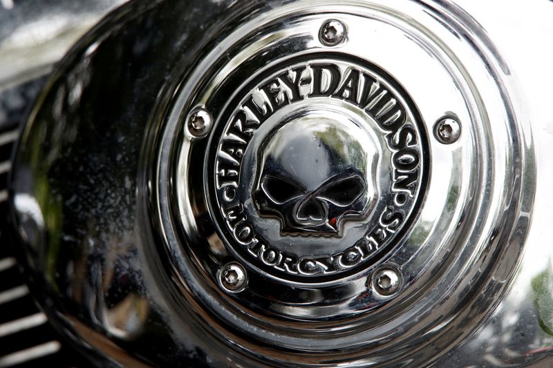 &copy; Reuters. FILE PHOTO: FILE PHOTO: A Harley Davidson logo with a skull is seen on a motorcycle