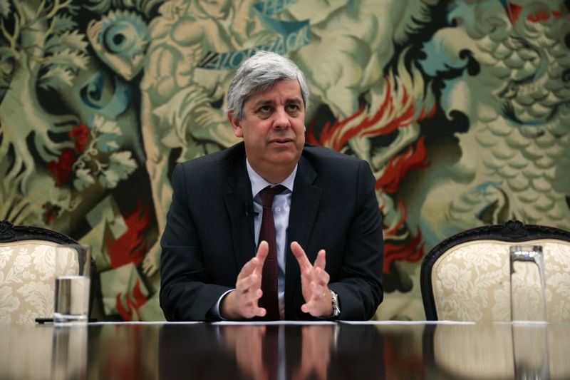 &copy; Reuters. FILE PHOTO: Portugal&apos;s Finance Minister and Eurogroup President Mario Centeno gestures during an interview with Reuters in Lisbon