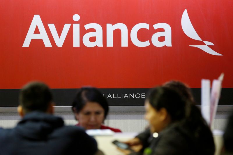 © Reuters. FILE PHOTO: The logo of Avianca Airlines is pictured at a counter following the cancellation of an Avianca flight to San Salvador due to coronavirus fears in Mexico City