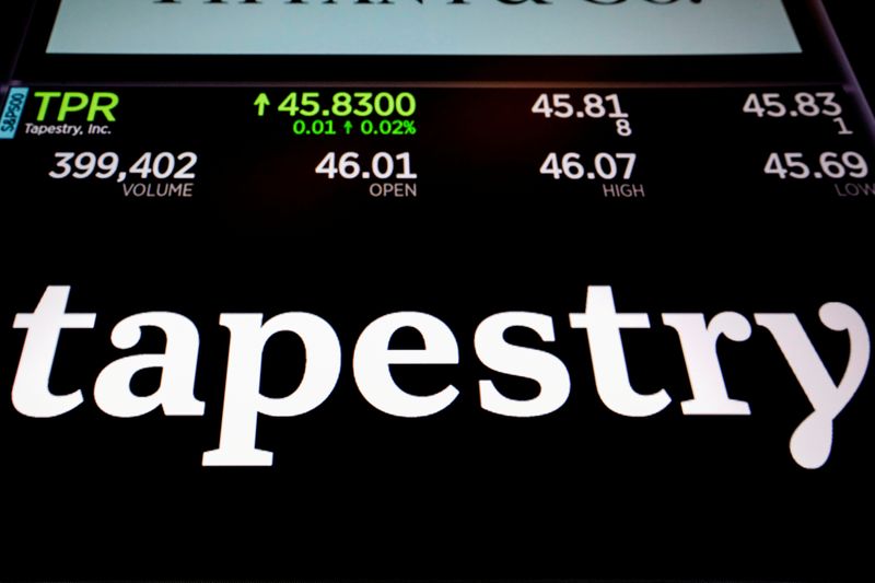 &copy; Reuters. FILE PHOTO: Tapestry Inc. logo and trading information are displayed on a screen on the floor of the NYSE in New York