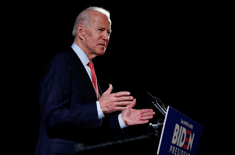 &copy; Reuters. FILE PHOTO: Democratic U.S. presidential candidate and former Vice President Joe Biden speaks about the COVID-19 coronavirus pandemic at an event in Wilmington