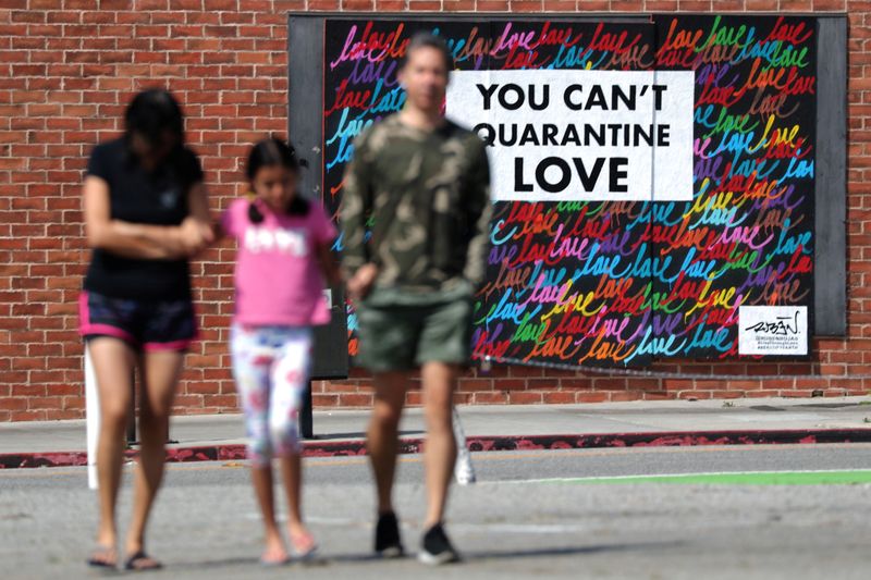 © Reuters. People walk in front of a mural, as the global outbreak of the coronavirus disease (COVID-19) continues, in Santa Monica