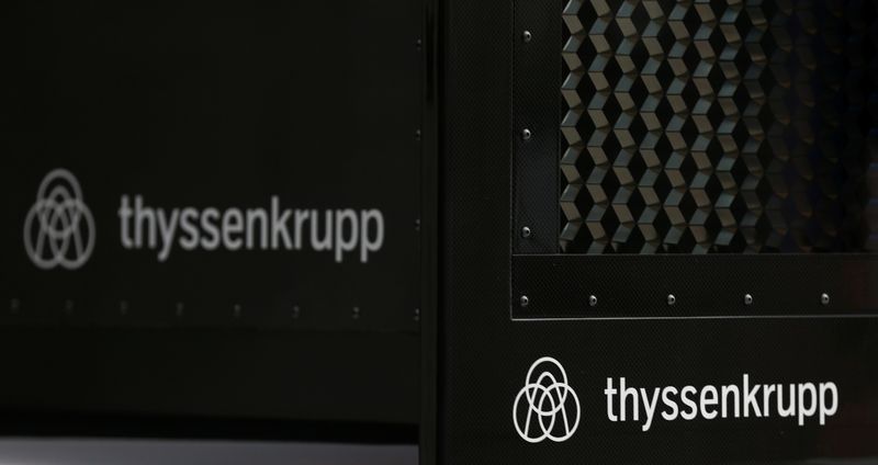 &copy; Reuters. Thyssenkrupp&apos;s logo is seen in the elevator test tower in Rottweil