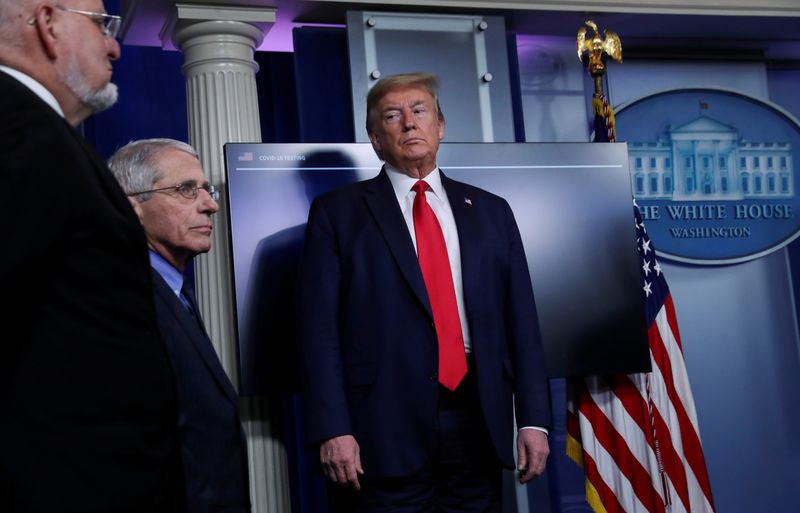 &copy; Reuters. President Trump looks at Dr. Anthony Fauci as he returns to the daily coronavirus response briefing at the White House in Washington