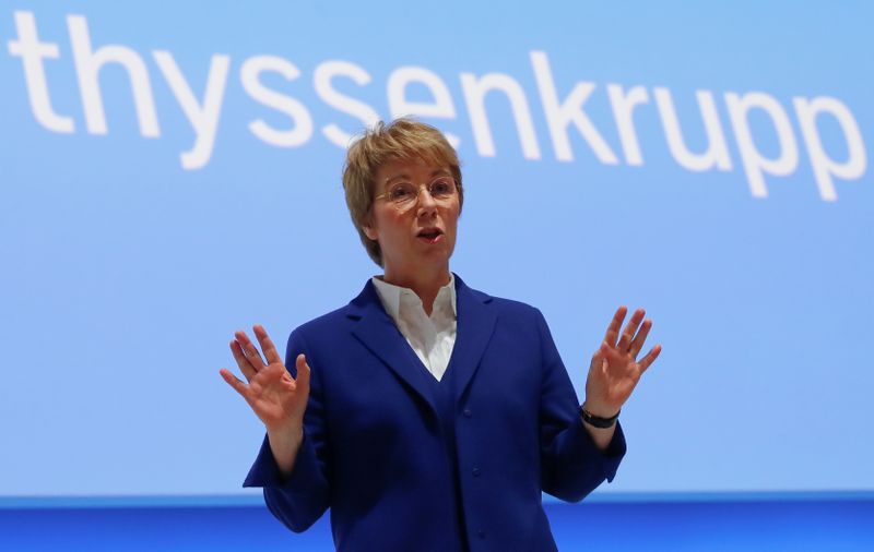 © Reuters. FILE PHOTO: Martina Merz, CEO of German steelmaker Thyssenkrupp AG, attends the annual shareholders meeting in Bochum