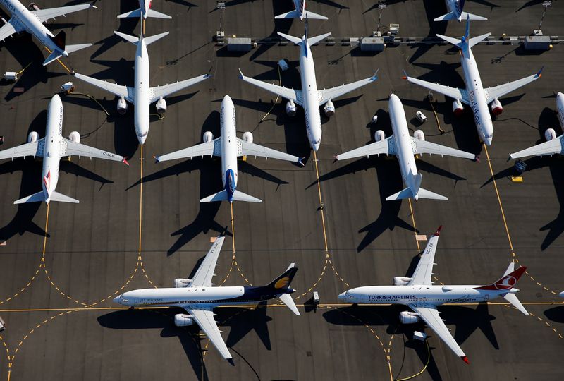 &copy; Reuters. FILE PHOTO: Grounded Boeing 737 MAX aircraft are seen parked at Boeing Field in Seattle