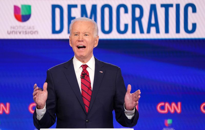 &copy; Reuters. FILE PHOTO: Democratic U.S. presidential candidate and former Vice President Joe Biden speaks at the 11th Democratic candidates debate of the 2020 U.S. presidential campaign in Washington