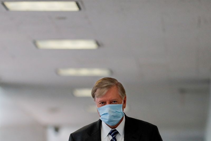&copy; Reuters. Foto de archivo. El senador estadounidense Lindsey Graham utilizando una mascarilla durante una pausa en la sesión de la comisión de Salud, Educación y Trabajo  sobre el coronavirus