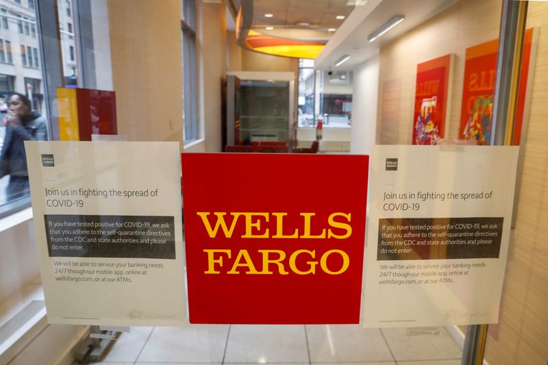 &copy; Reuters. FILE PHOTO: Warning signs for coronavirus disease (COVID-19) are seen on a Wells Fargo bank door in New York