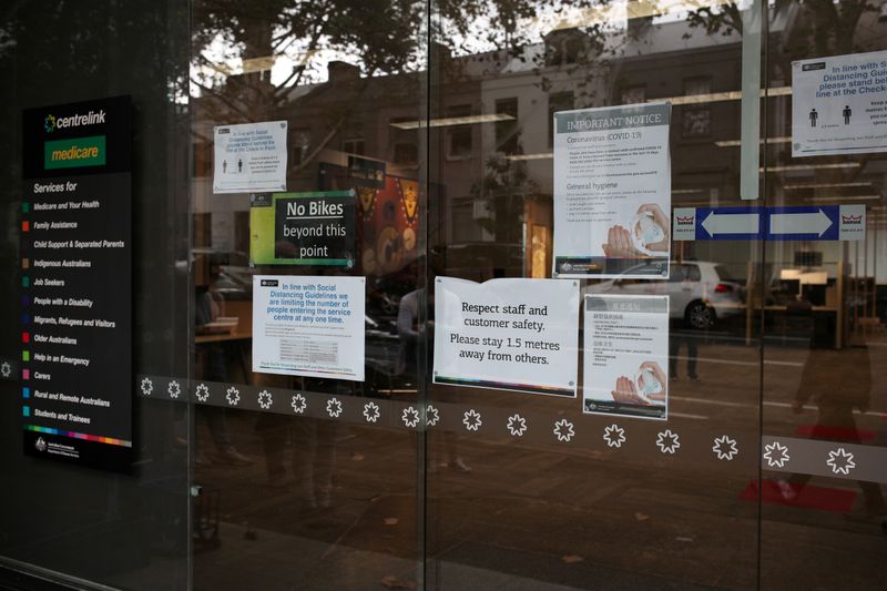 © Reuters. FILE PHOTO: Signs are seen outside a Centrelink office in Sydney