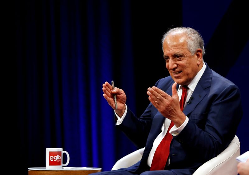 &copy; Reuters. FILE PHOTO: U.S. envoy for peace in Afghanistan Zalmay Khalilzad speaks during a debate at Tolo TV channel in Kabul