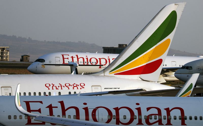 &copy; Reuters. Grounded Ethiopian Airlines planes are seen in the airfield at the Bole International Airport amid concerns about the spread of coronavirus disease (COVID-19), in Addis Ababa