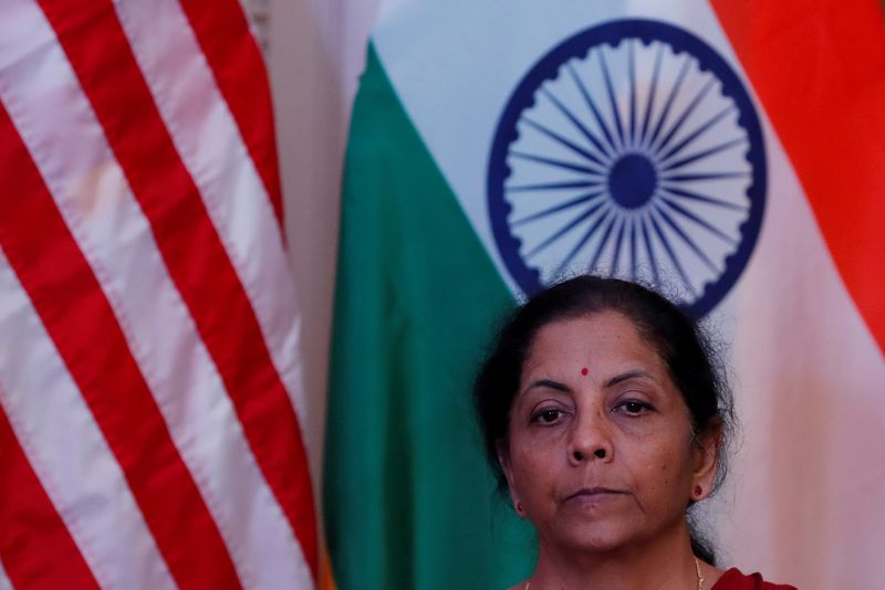 © Reuters. FILE PHOTO: India's Finance Minister Nirmala Sitharaman attends a joint news conference with U.S. Treasury Secretary Steven Mnuchin in New Delhi