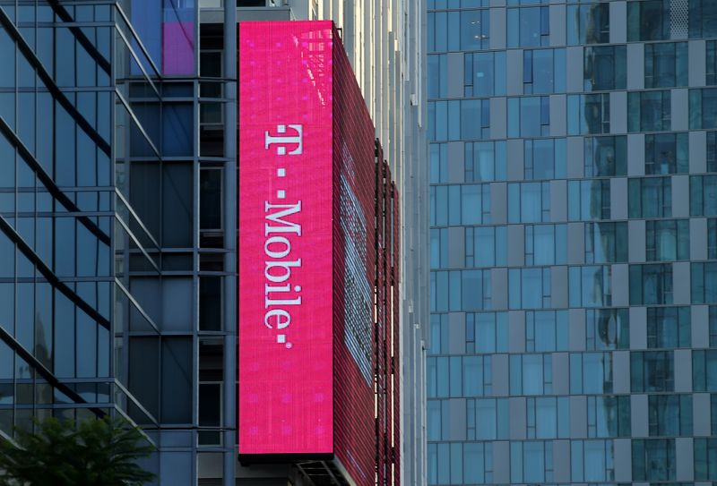 &copy; Reuters. T-Mobile logo is advertised on building sign in Los Angeles