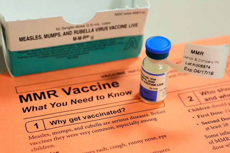 &copy; Reuters. FILE PHOTO: A vial of measles, mumps and rubella vaccine and an information sheet is seen at Boston Children&apos;s Hospital in Boston