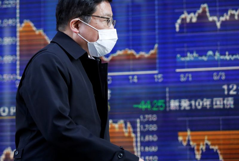 &copy; Reuters. Прохожий в защитной маске на фоне электронного табло с котировками акций возле брокерской конторы в Токио