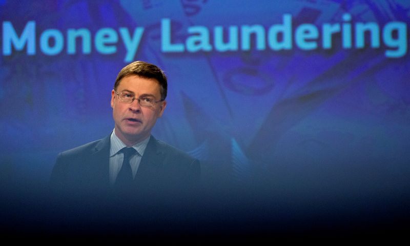 &copy; Reuters. European Commission Vice-President Valdis Dombrovskis speaks during a news conference regarding money laundering, as the spread of the coronavirus disease (COVID-19) continues at the EU headquarters in Brussels