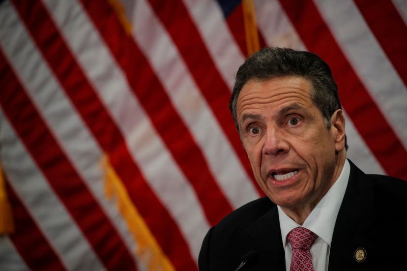 &copy; Reuters. FILE PHOTO:  New York Governor Andrew Cuomo speaks at a daily briefing at North Shore University Hospital, during the outbreak of the coronavirus disease (COVID-19), in Manhasset, New York