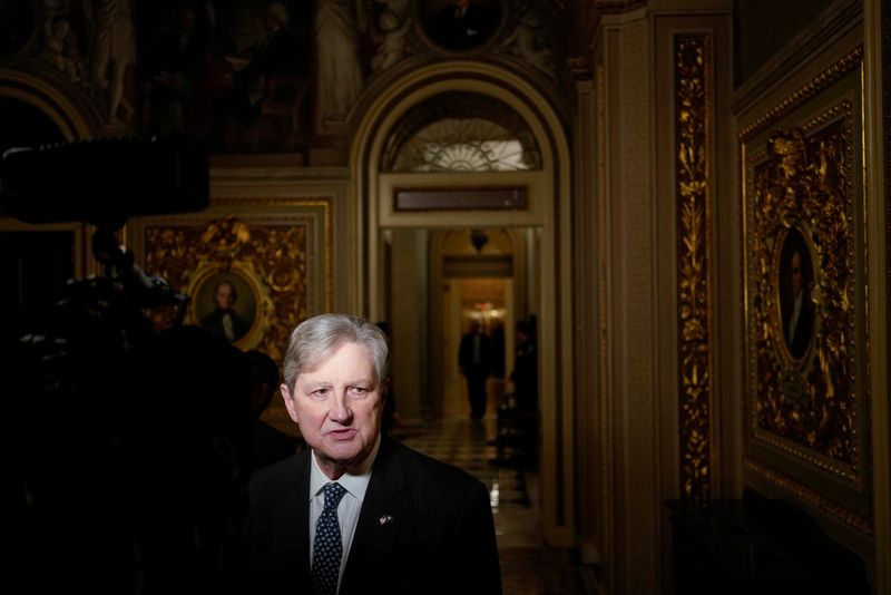 &copy; Reuters. Senator Kennedy speaks to the media as the Trump impeachment trial continues in Washington.