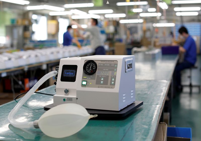 &copy; Reuters. A unit of Sanko Manufacturing Co.&apos;s &apos;Lotus SS-1200&apos; ventilator, is seen as the spread of the coronavirus disease (COVID-19) continues at the factory in Saitama