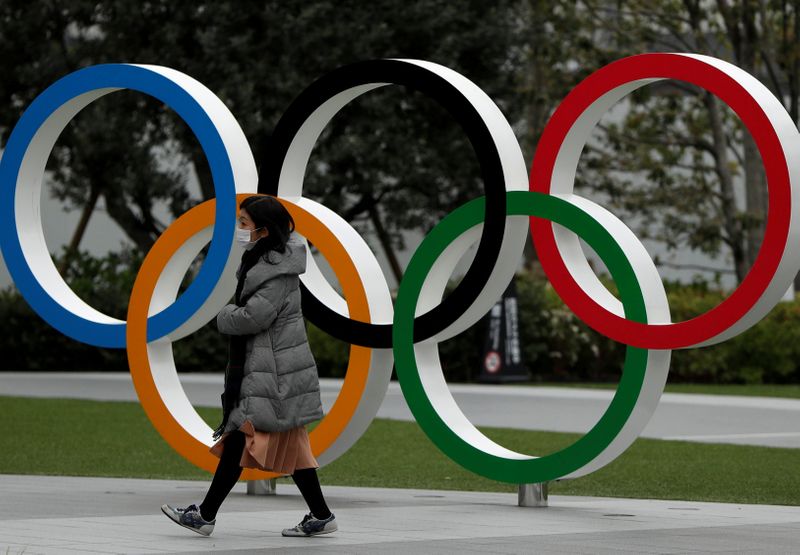 &copy; Reuters. FILE PHOTO: A woman wearing a protective face mask, following an outbreak of the coronavirus disease, walks past the Olympic rings in front of the Japan Olympics Museum, in Tokyo