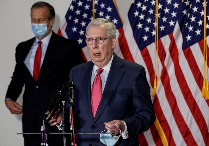 &copy; Reuters. U.S. Senate Majority Leader Mitch McConnell speaks to reporters about coronavirus response following policy lunch in Washington