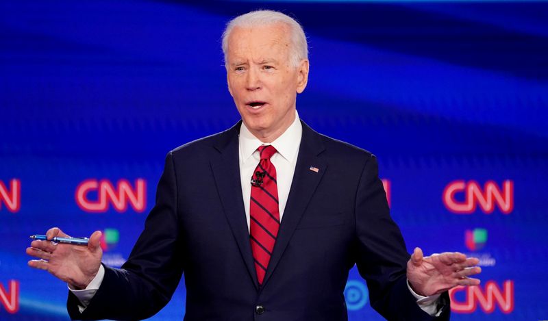 &copy; Reuters. FILE PHOTO: Democratic U.S. presidential candidate and former Vice President Joe Biden speaks at the 11th Democratic candidates debate of the 2020 U.S. presidential campaign in Washington